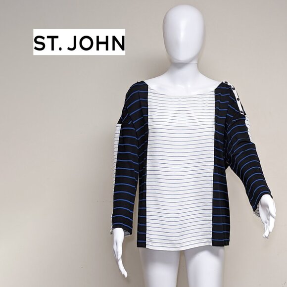 St. John Tops - ST. JOHN Viscose/Spandex White & Navy Blue Striped Nautical Top